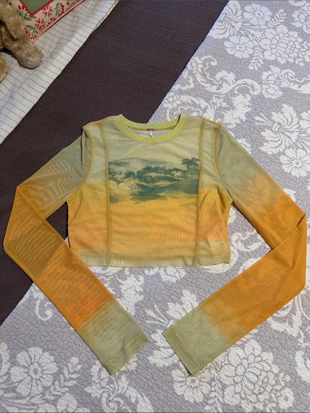 Free People Ombre Mesh Long Sleeve Crop Top in Yellow, Green and Orange